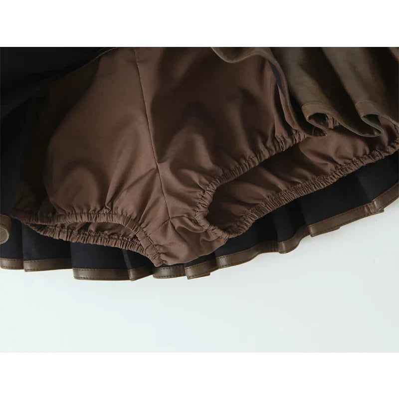 American Retro With Belt Pleated Mini Skirt Low Waist Brown Faux Leather Skirts Cool Girl PU Y2K saia