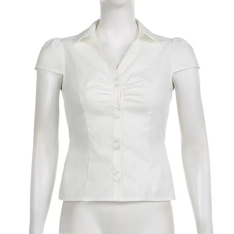 Vintage Folds Crop Top White Button Up Short Sleeve Blouse Bandage Korean T-shirt Casual Streetwear y2k Tee