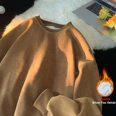 American Washed Old Pullovers Sweatshirts Loose Solid Color Large Size Warm O Neck Tops Hip Hop Y2k Sweatshirt