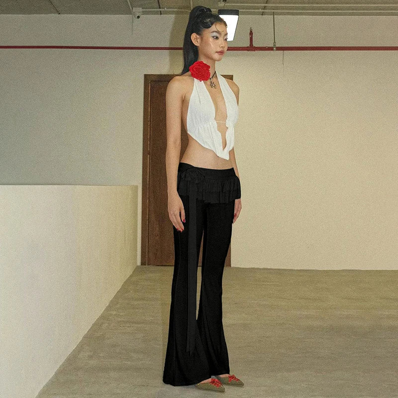 Voguable Black Lace Up Ruffled Skirt Pants Low Waist Coquette Y2K Streetwear Wide Leg Trouser Flare Pants Harajuku