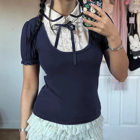 Voguable Preppy Style Contrast Patchwork Bow Peter Pan Collar Top Cute Puff Sleeve T-shirt Y2K
