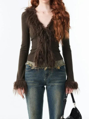 Y2k Aesthetic V-neck Jacket Korean Cardigan  Harajuku Vintage Bandage Fur Patchwork Coat Chic