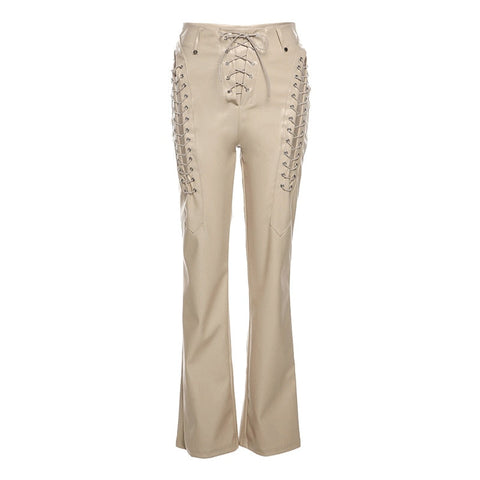 Lace Up PU Leather Pants Chic High Waist Hollow Out Y2K Drawstring Bandage Cut Out Gothic Faux Leather Trousers