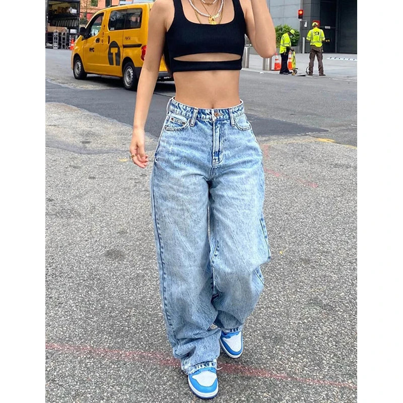 Jeans y2k Aesthetic Clothes Mid Waist Baggy Loose Trousers with Pockets Ladies Denim Pants Streetwear