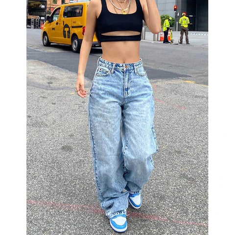 Jeans y2k Aesthetic Clothes Mid Waist Baggy Loose Trousers with Pockets Ladies Denim Pants Streetwear