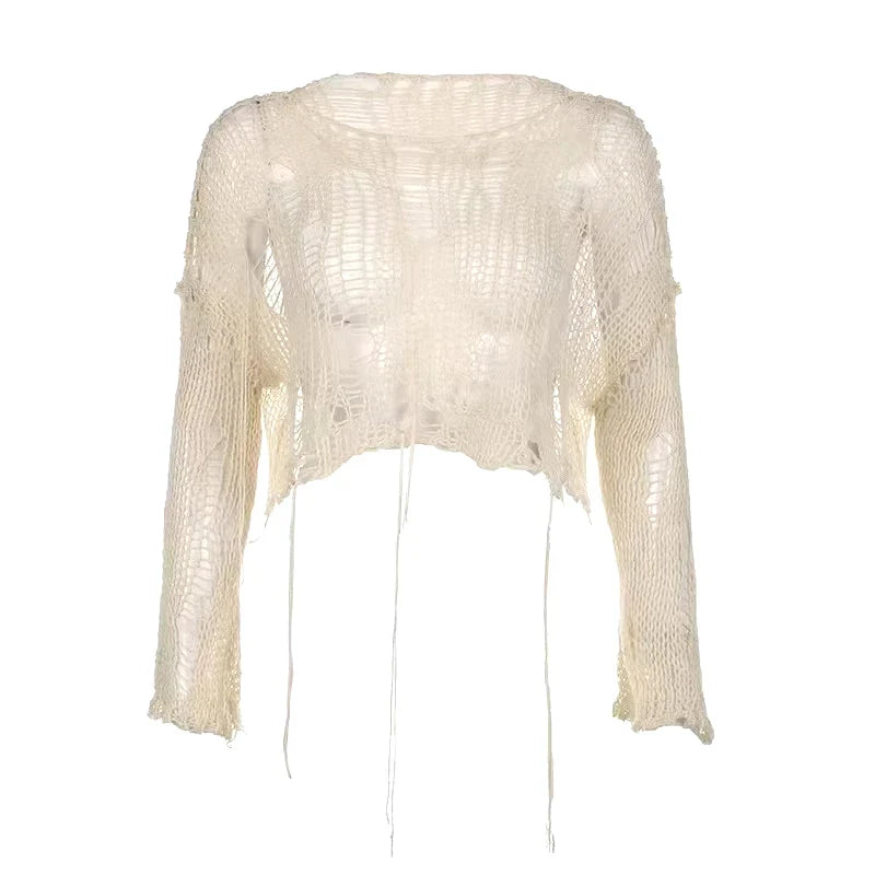 Boho Knitted T Shirt Y2k Hollow Out Loose FeCrop Tees Vintage Korean Ripped Long Sleeve Match Ladies Jumpers