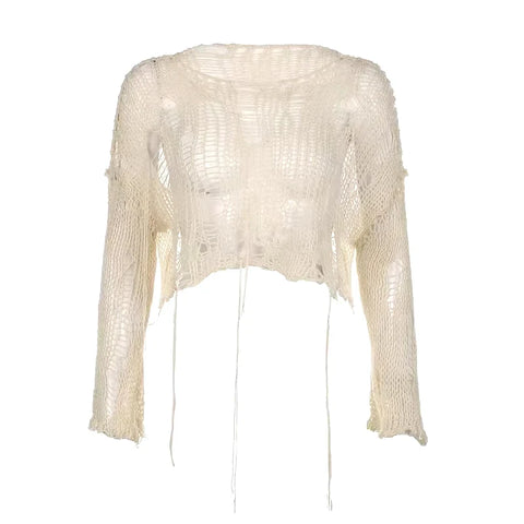 Boho Knitted T Shirt Y2k Hollow Out Loose FeCrop Tees Vintage Korean Ripped Long Sleeve Match Ladies Jumpers