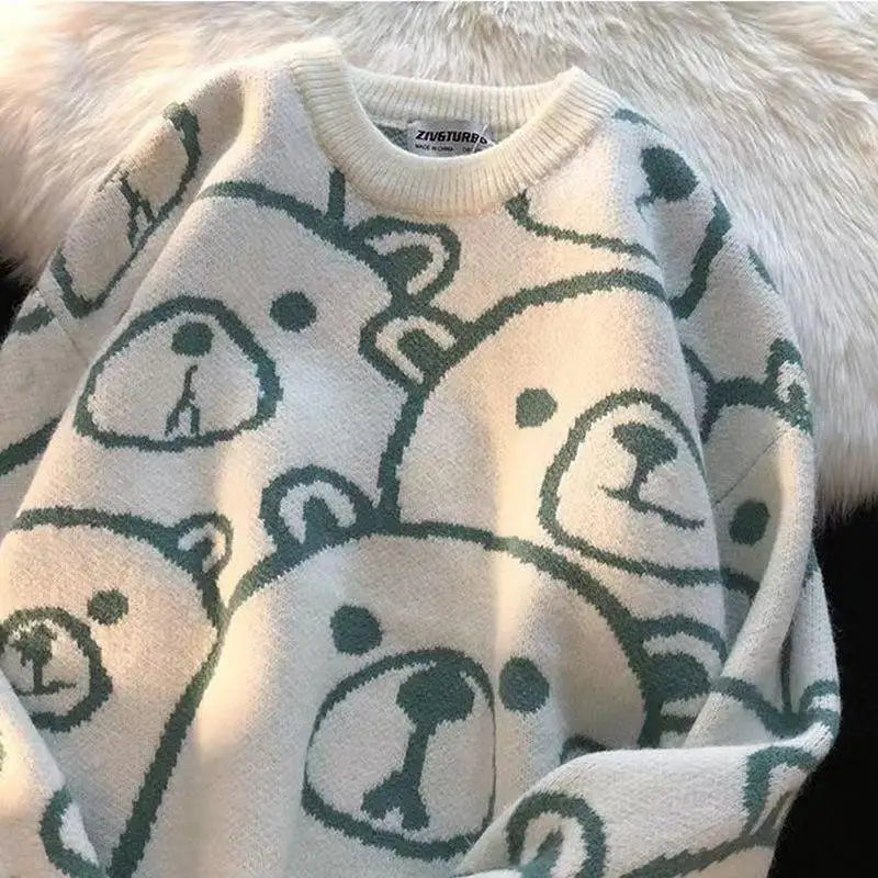 Voguable Winter Thickened Warm Sweater Cartoon Bear Head Graphic Jumper Pullover Preppy Couples Hip Hop Streetwear Y2K Tops Casual