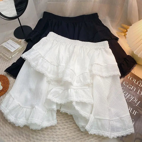 Voguable Elastic Waist White Black Irregular Mini Kawaii Skirt Japanese Style School Y2k Aesthetic Ruffles Short Skirt Streetwear