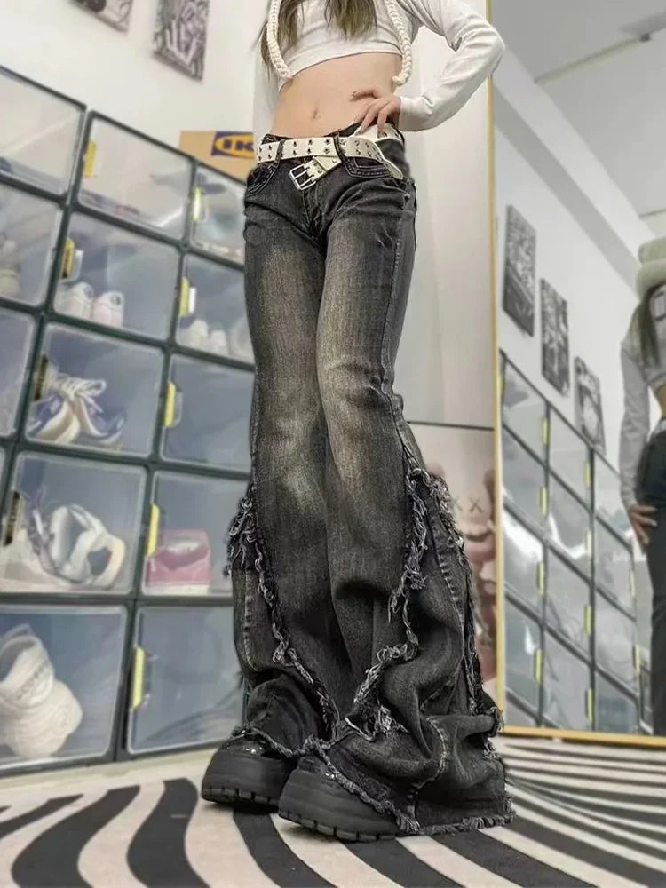 Y2k Flared Jeans for Low Rise Washed Denim Pants FeAmerican Vintage Clothes Raw Edge Design Patchwork