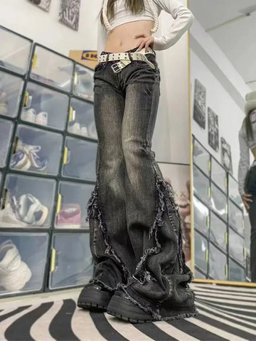 Y2k Flared Jeans for Low Rise Washed Denim Pants FeAmerican Vintage Clothes Raw Edge Design Patchwork