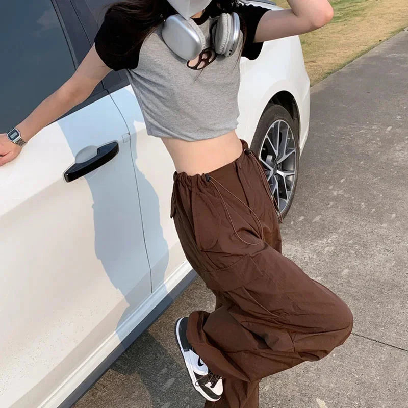 Y2K Brown Drawstring Cargo Pants Vintage Hip Hop Streetwear Baggy Pocket Wide Leg Trousers Casual Straight Pants