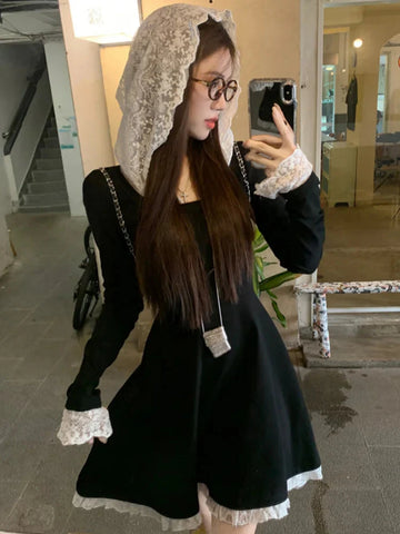French Lace Patchwork Y2K Dress Hooded Long Sleeves Slim Waist A-Line Short Skirt Chic Vestidos