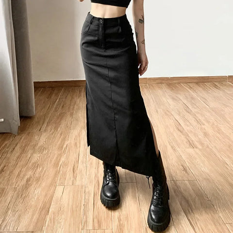 Midi Skirts Goth Dark Grunge Casual Tag Split Mall Gothic Punk High Raise Slim Long Skirt Y2k Streetwear
