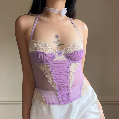 Voguable Coquette Lace Patchwork Corset Backless Criss-cross Bandage Halter Tops Y2K Aesthetic Camis Fairycore Tanks