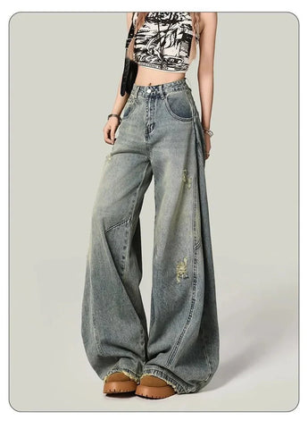 Y2K Hole Jeans Streetwear American Retro High Waist Loose Denim Pants Casual Hip Hop Vintage Pockets Lady Gothic Trousers
