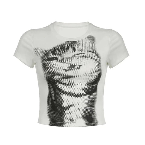 y2k Crop Top Cute T Shirt Cat Print Round Neck Short Sleeve Baby Tee Graphic Clothes 2000s Streetwear