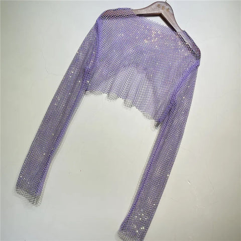 Sparkly Crystal T-shirts O-Neck Hollow Out See Through Tank Tops Night Partywear Crop Shirts Tee Y2K Tops