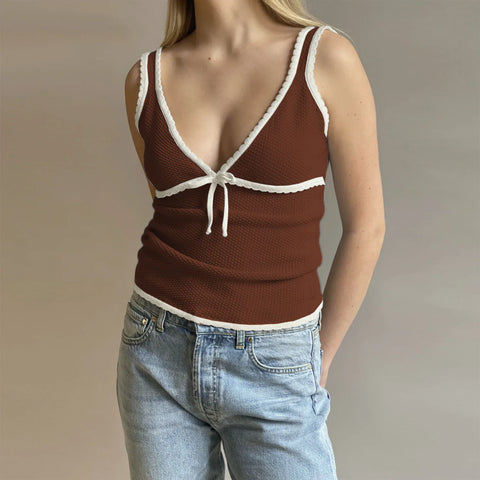 Retro Deep V Neck Crop Top Y2k Ruffle Vintage Tank Tops WoTie Up Bow Knitted Woman Backless Cute Tops New