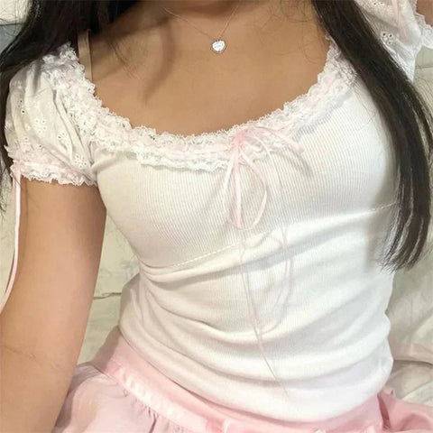 Fairycore Crop Top y2k Clothes Lace Trim Scoop Neck Knitted T Shirt with Bow 2000s Clothing Sweet Streetwear