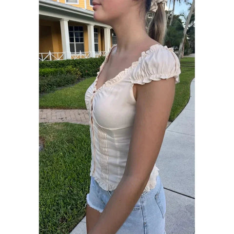 y2k Tank Top Clothes Solid Color Cap Sleeve Button Down Slim Fit Frill T Shirt 2000s Vest Streetwear