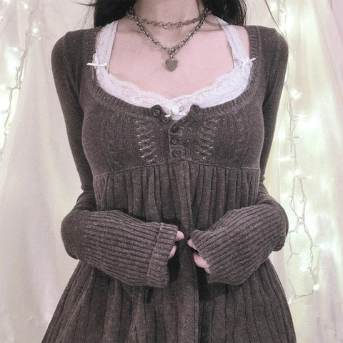 Vintage Babydoll Tops Pullovers Lady Aesthetic Coquette Knit Sweaters Outfit Square Neck Long Sleeve Knitwear Jumpers Y2k