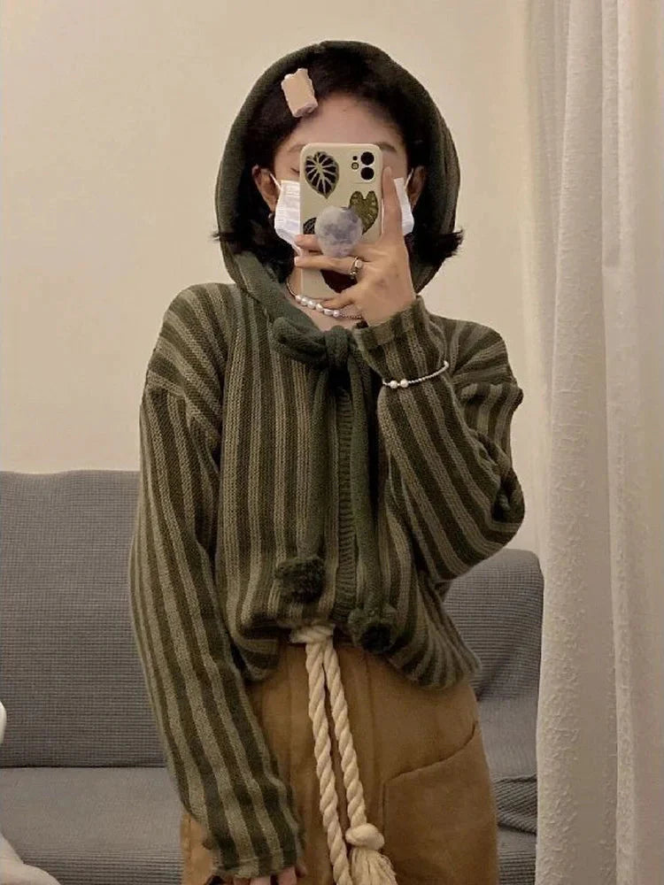 Korean Hooded Loose Harajuku Sweaters Striped Zipper Cardigan Knitted Gothic Y2k Tops Jumper