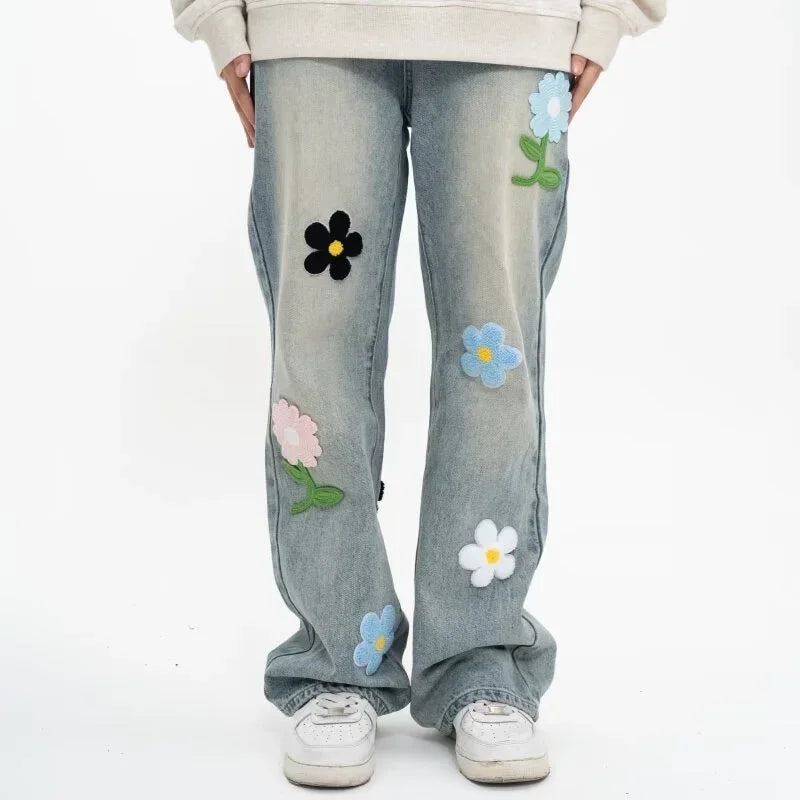 Y2K Vintage Flower Embroidered Jeans For High Street Baggy Straight Wide Leg Denim Pants Design Hip Hop Jean