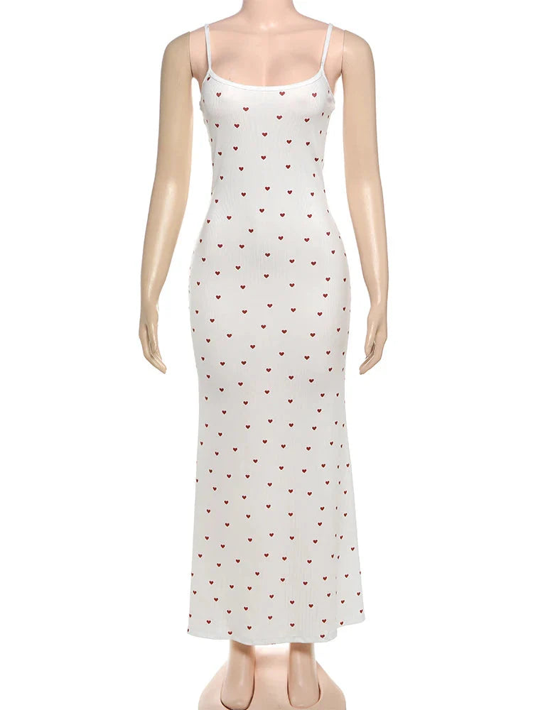 Elegant Heart Print Ribbed Maxi Dress Y2K Trend Square Collar Backless Robe Daily Casual Outfits
