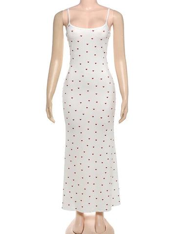 Elegant Heart Print Ribbed Maxi Dress Y2K Trend Square Collar Backless Robe Daily Casual Outfits