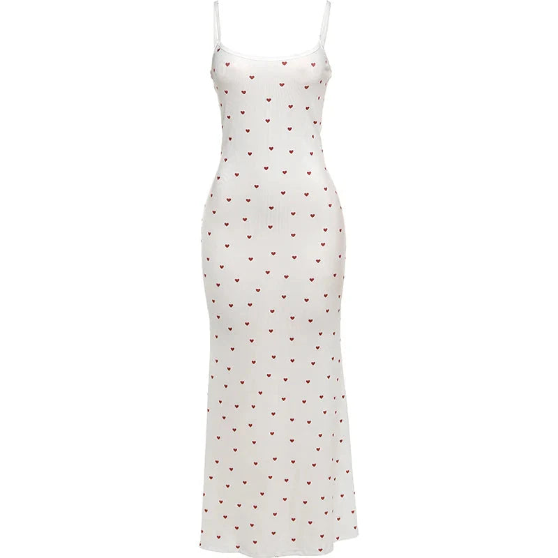 Elegant Heart Print Ribbed Maxi Dress Y2K Trend Square Collar Backless Robe Daily Casual Outfits