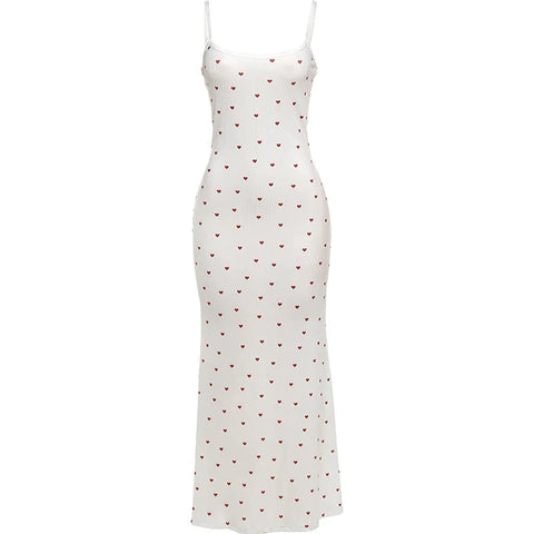 Elegant Heart Print Ribbed Maxi Dress Y2K Trend Square Collar Backless Robe Daily Casual Outfits