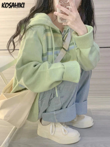 Y2k Aesthetic Stripe Hoodes Cardigans Double Zipper Casual Knitwear Harajuku Ladies Jacket Vintage Loose Grunge Sweater