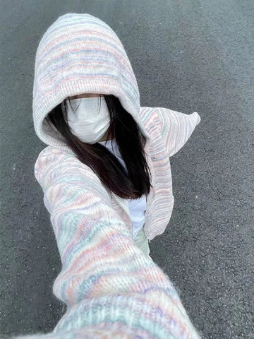 Japanese Y2k Rainbow Striped Kawaii Cardigans All Match Hooded Sweaters Loose Zipper Grunge Knitted Coat Pull Femme