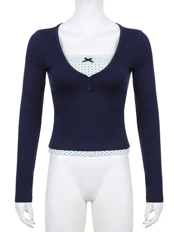 Voguable  Polka Dot Printed Lace Patchwork Fake Two-piece Top y2k Coquette Long Sleeve T-shirt Harajuku Pullover Cute Tees Casual