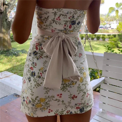 Y2k Dresses for Fairycore Floral Print Off Shoulder Strapless Sleeveles Mini Dress Club Party Dresses Streetwear