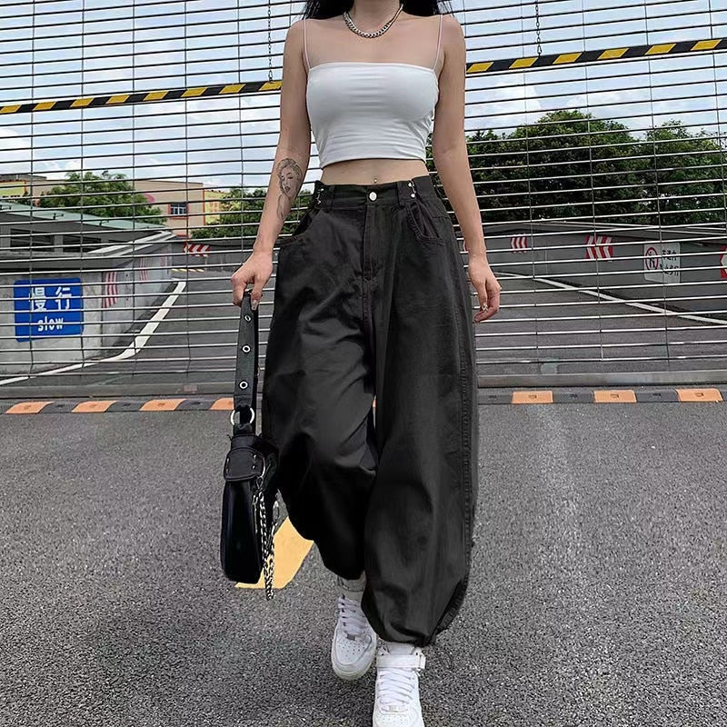 Voguable  Khaki Oversized Cargo Baggy Pants Y2K Hip Hop Style Loosed  Adjustable Waist Drawstring Long Pant Streetwear 90s Style Clothes