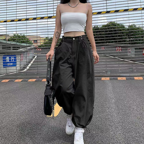 Voguable  Khaki Oversized Cargo Baggy Pants Y2K Hip Hop Style Loosed  Adjustable Waist Drawstring Long Pant Streetwear 90s Style Clothes