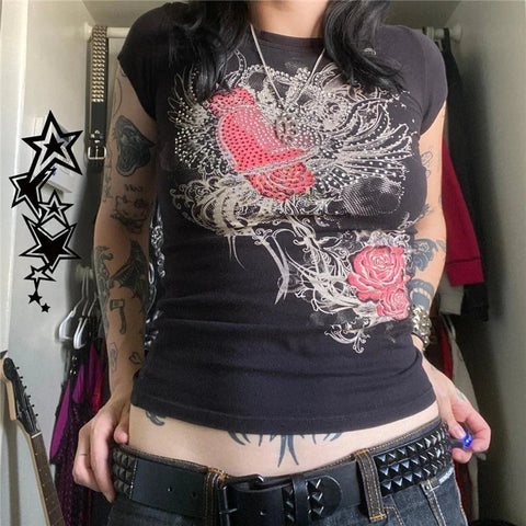 Cyber y2k Tops Cybercore Clothing Rhinestone Cross Print Short Sleeve Baby Tee 2000s Aesthetic T Shirt Streetwear