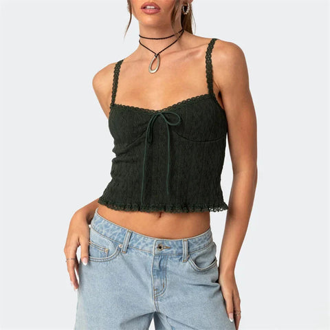 Lace Trim Tank Top Solid Color Spaghetti Strap Sleeveless Camisole with Bow y2k Aesthetic Clothes Clubwear