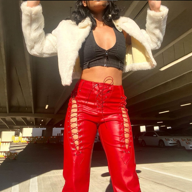 Lace Up PU Leather Pants Chic High Waist Hollow Out Y2K Drawstring Bandage Cut Out Gothic Faux Leather Trousers