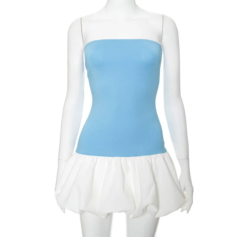 Contrast Color Mini Folds Dress For Strapless Slim Sleeveless Ruched Splice Y2K Beach FeClub Party Dress