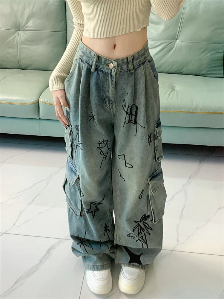 Graffiti Print Pattern Design Unisex Jeans Vintage Street Y2k Casual Denim Trousers FeHigh Waist Straight Pants