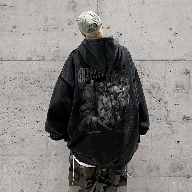 Oversize Dark Style Graphic Acid Washed Hoodies Y2K Vintage Streetwear Loose Man Sweatshirts Basic Pullovers