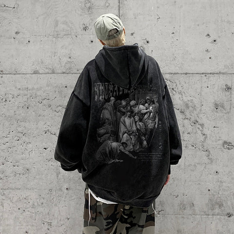 Oversize Dark Style Graphic Acid Washed Hoodies Y2K Vintage Streetwear Loose Man Sweatshirts Basic Pullovers