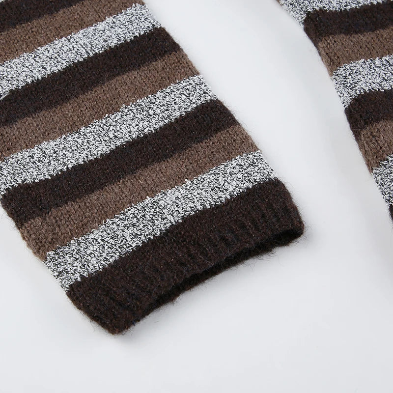 Casual Furry Striped T Shirt With Scarf Winter Y2K Slim O-Neck Long Sleeve Tees Cardigans Streetwear