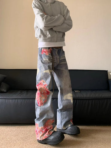 Hip Hop Ripped Wide Leg Trousers American casual jeans  Y2K washed distressed High Waist Baggy Straight demin pants