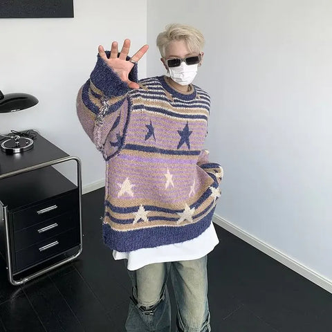 Voguable Y2K Star Sweater Harajuku Striped Knitted Pullovers Jumpers Tops Oversize Purple Winter Streetwear Hip Hop