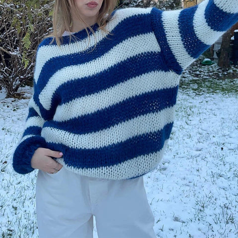 Striped Loose Fit Knitted Pullovers Long Sleeve Knitwear Vintage Grunge Y2K Sweater Preppy Clothes