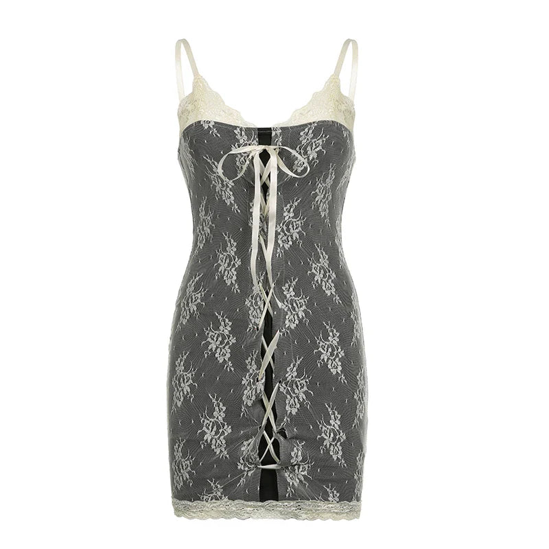Voguable Chic Floral Crochet Lace Patchwork Mini Dress Elegant Sleeveless Bodycon Dresses Party Robe Coquette Y2K